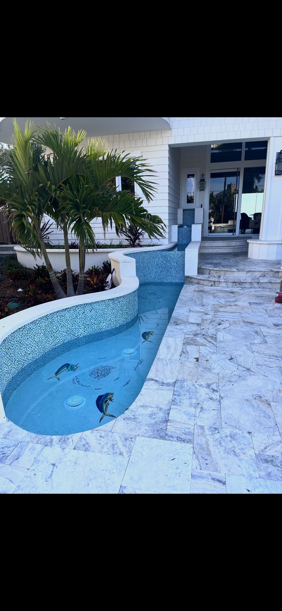 Modern backyard with curved blue swimming pool, white stone patio, palm trees, and contemporary white house with glass doors