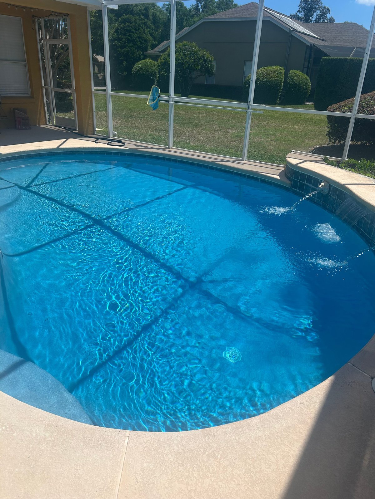 Backyard swimming pool with blue water, concrete deck, and metal screen enclosure surrounding green lawn